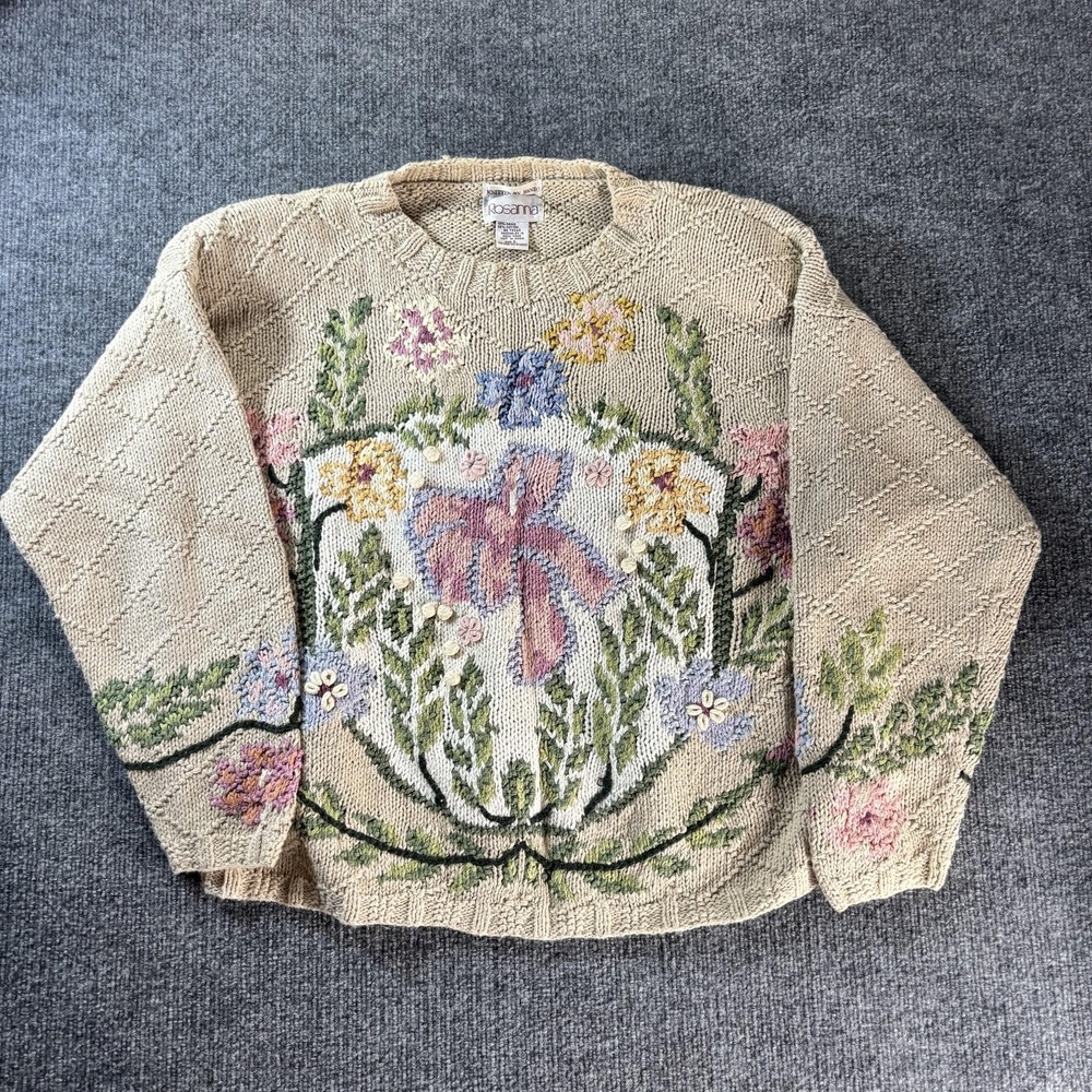 Vintage‎ Rosanna Sweater Womens Large Beige Floral Beaded Knit Pullover Crewneck